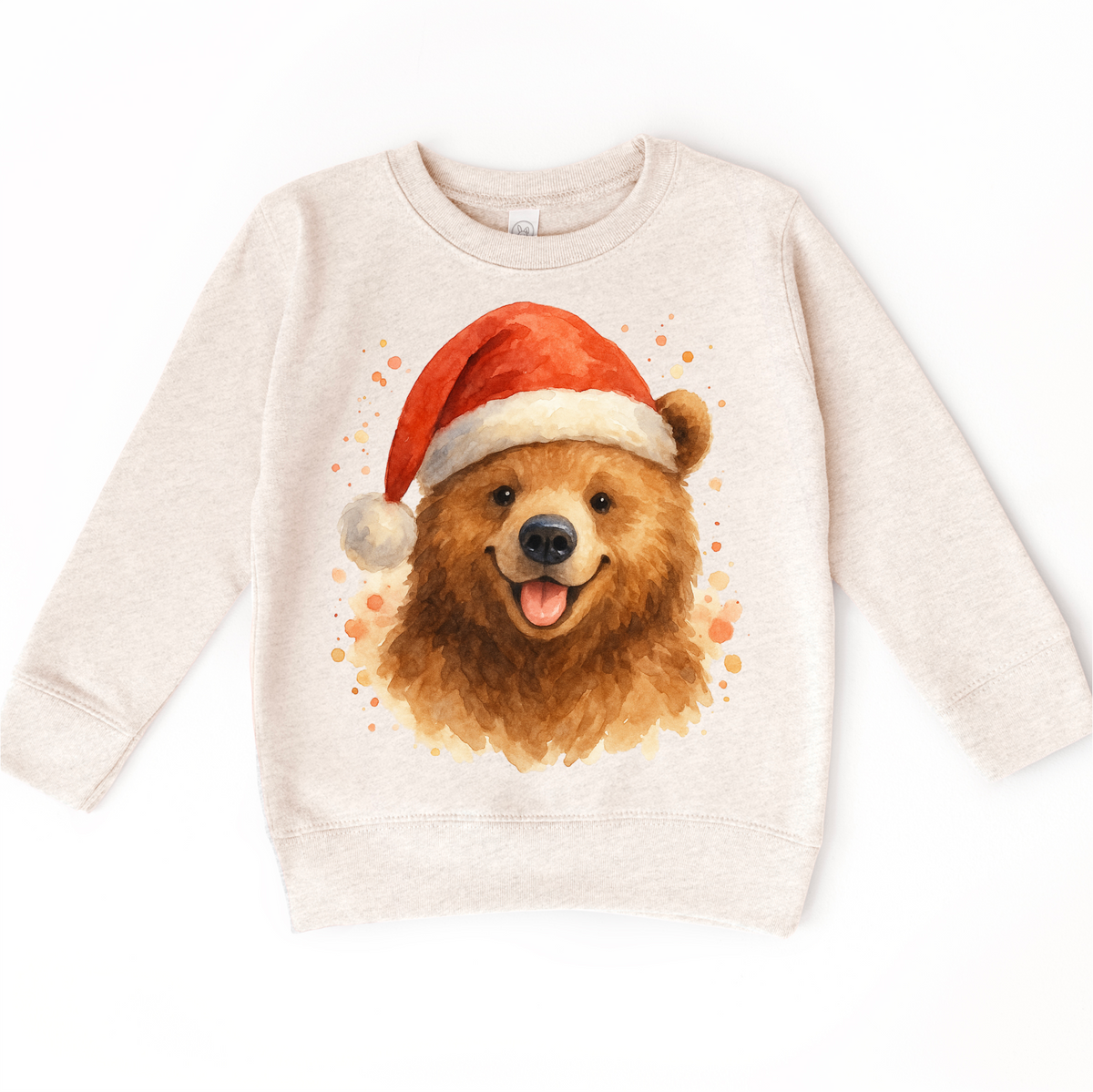 Christmas Honey Bear Santa design on a natural sweatshirt.