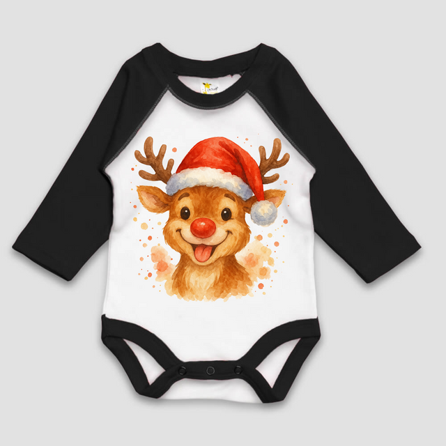 Rudolph The Reindeer Christmas Long Sleeve Onesie - Kids Christmas Raglan Sleeve Bodysuit