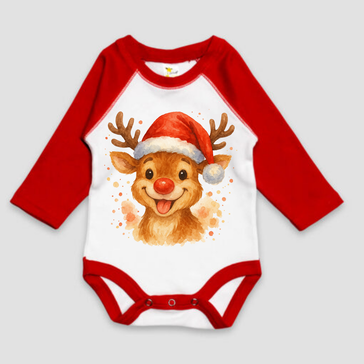 Rudolph The Reindeer Christmas Long Sleeve Onesie design on a red baby bodysuit.