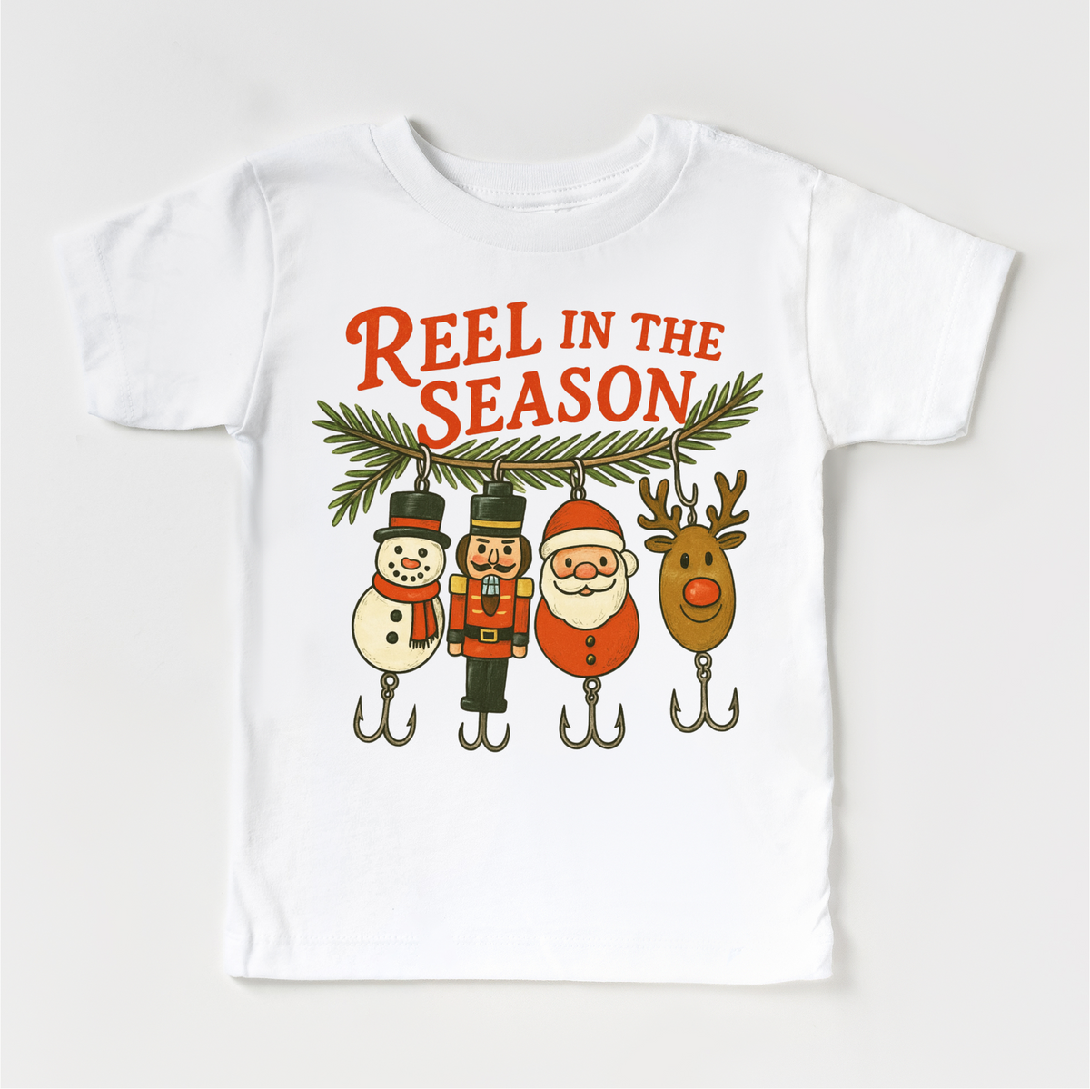 Reel In the Season Fishing Christmas White kids tee