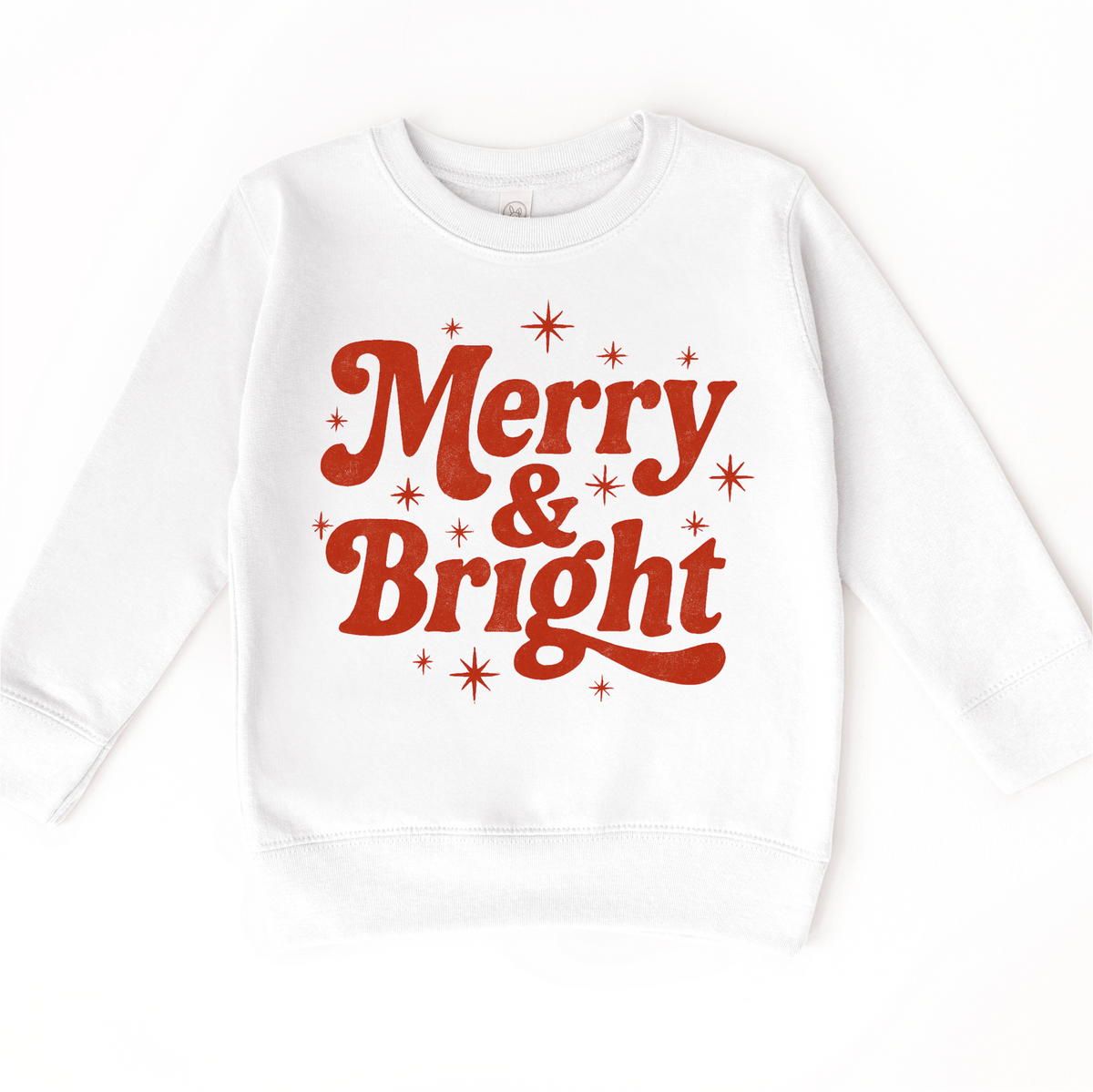 Merry And Bright Christmas design on a white sweatshirt.