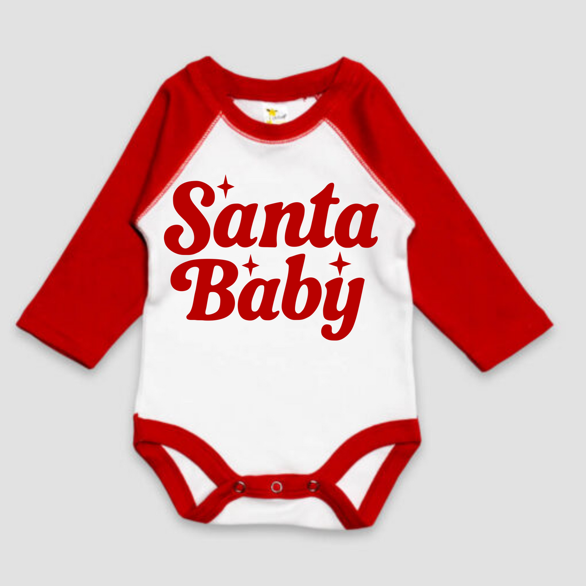 Santa Baby Christmas Long Sleeve Bodysuit design on a red baby bodysuit.