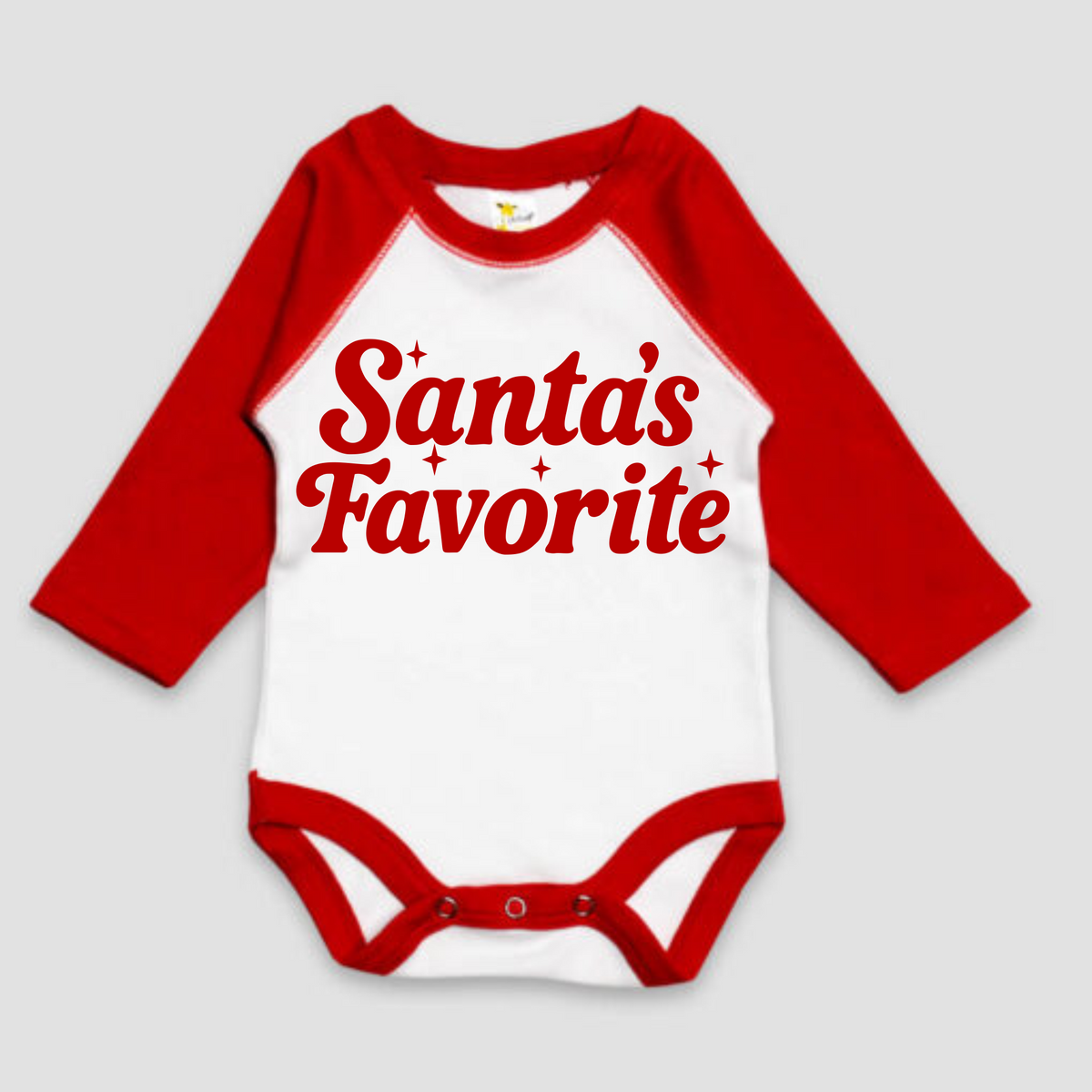 Santa's Favorite Infant Long Sleeve Bodysuit design on a red baby bodysuit.
