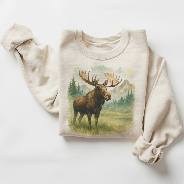 Retro Moose Wildlife Watercolor Sweatshirt - Alaska Sweater