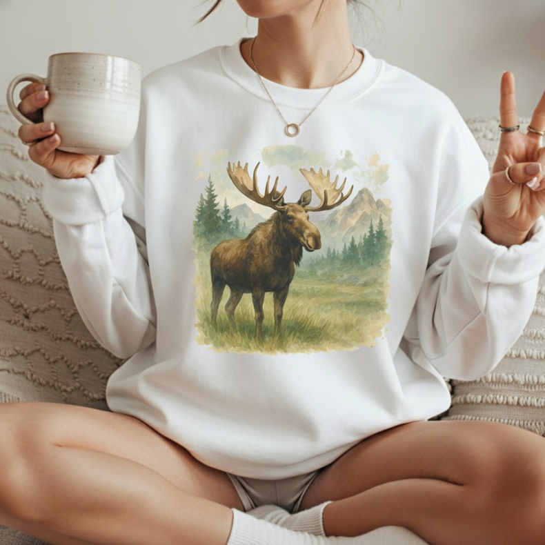 Retro Moose Wildlife Watercolor Sweatshirt - Alaska Sweater