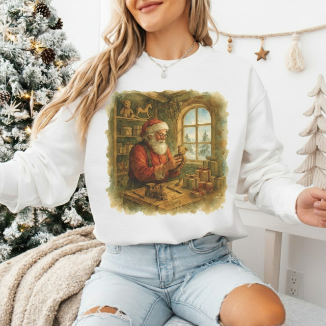Santa's Workshop Christmas Sweatshirt - Retro Watercolor Style Sweater