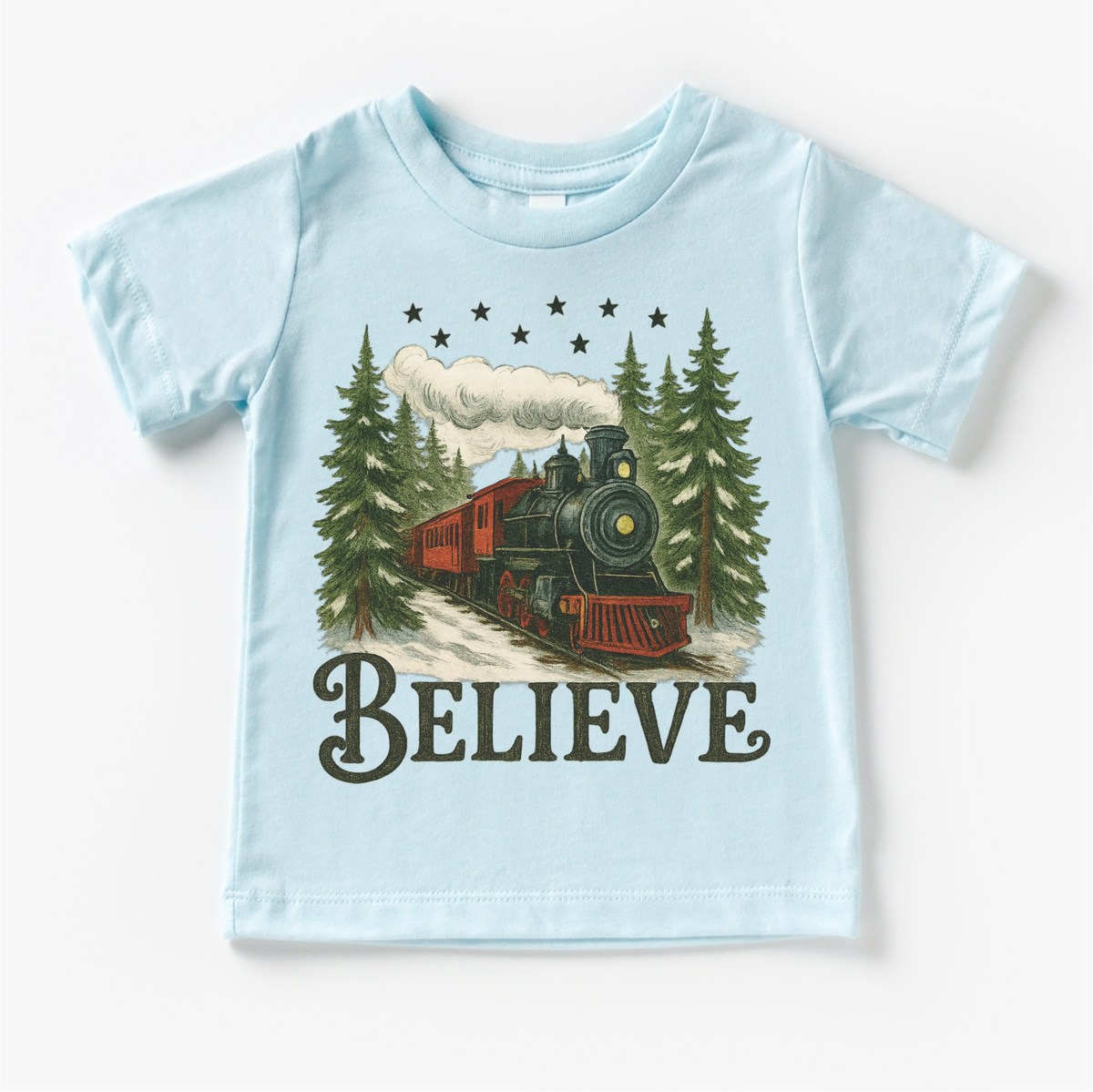 Vintage Train Christmas design on a blue garment.