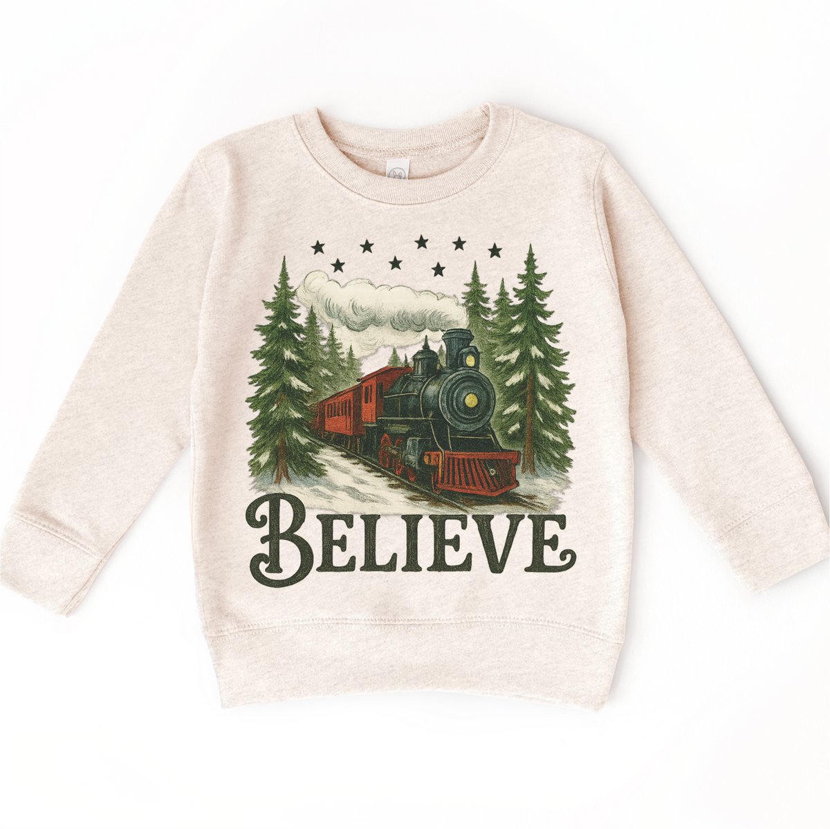 Vintage Train Christmas design on a natural sweatshirt.