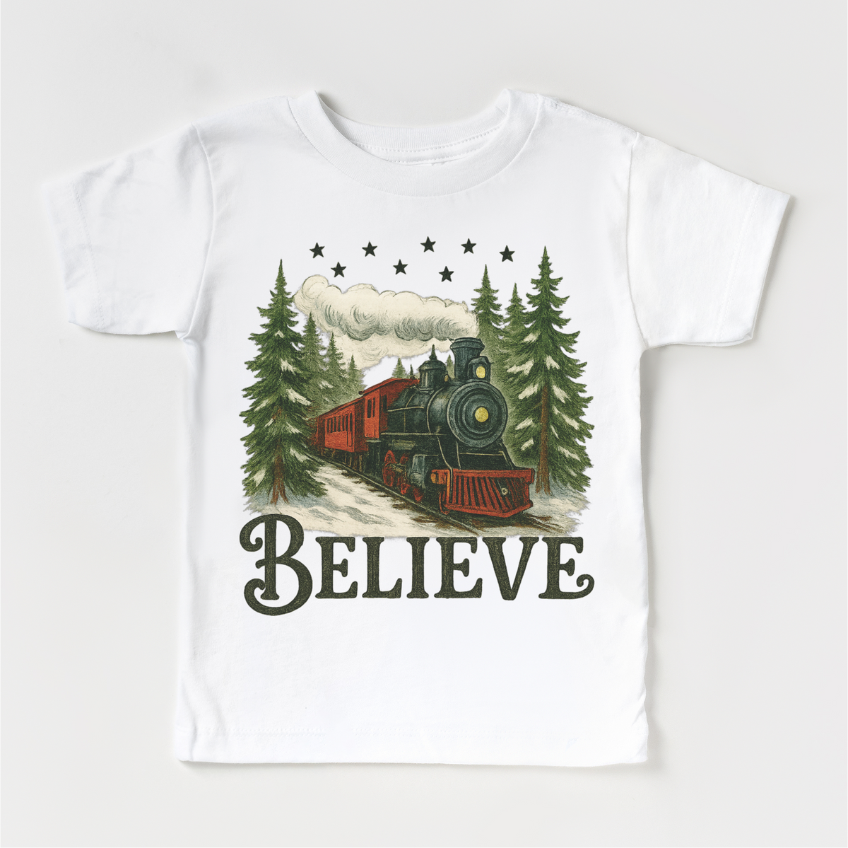 Vintage Train Christmas design on a white garment.