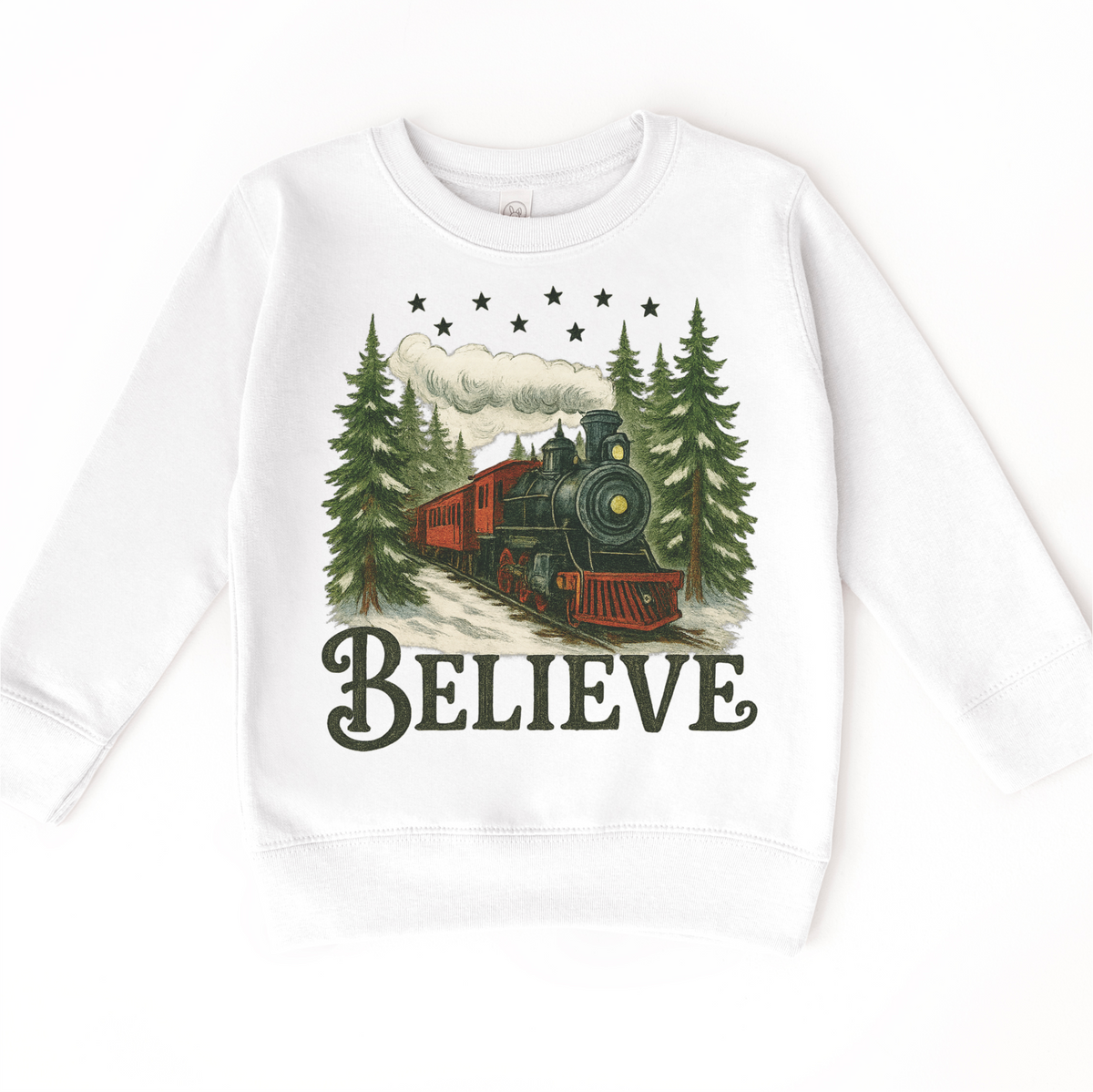 Vintage Train Christmas design on a white sweatshirt.
