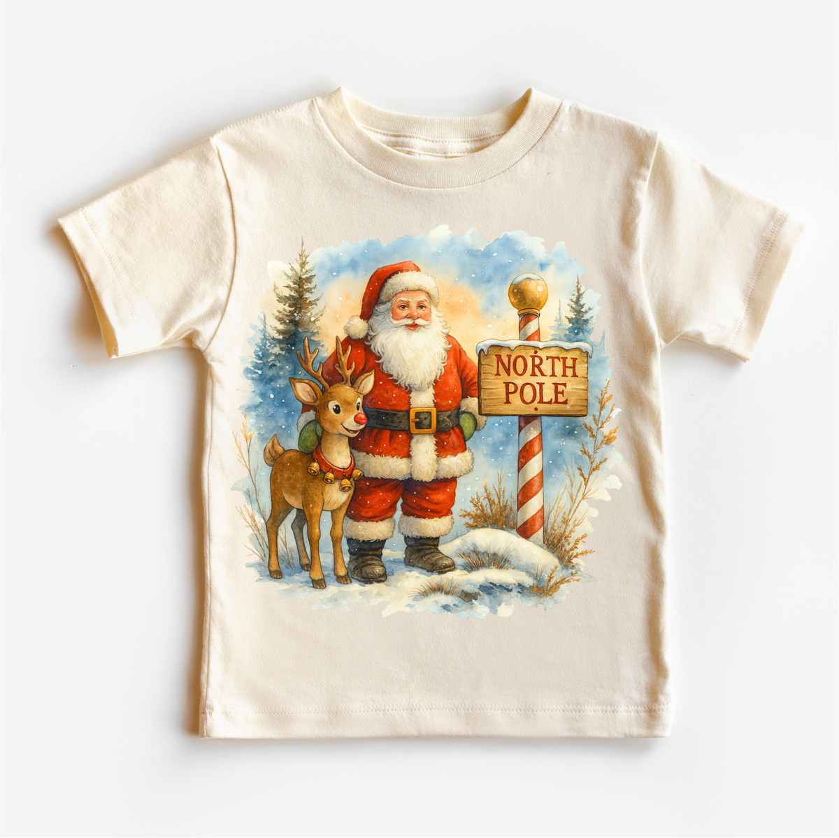 Santa and Rudolph North Pole Christmas design on a natural garment.