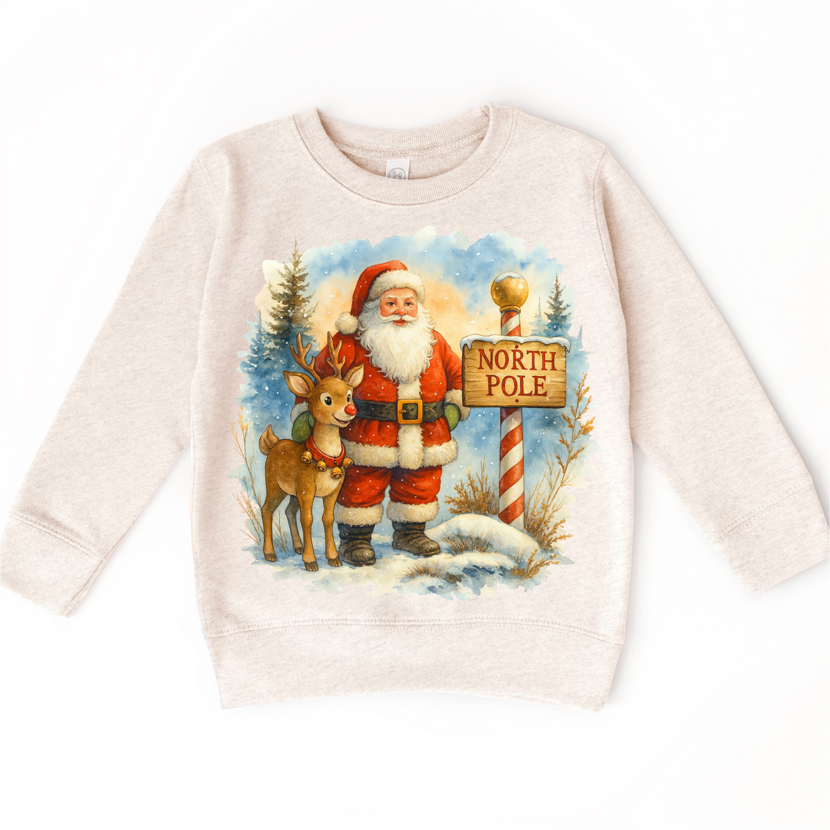 Santa and Rudolph North Pole Christmas design on a natural sweatshirt.