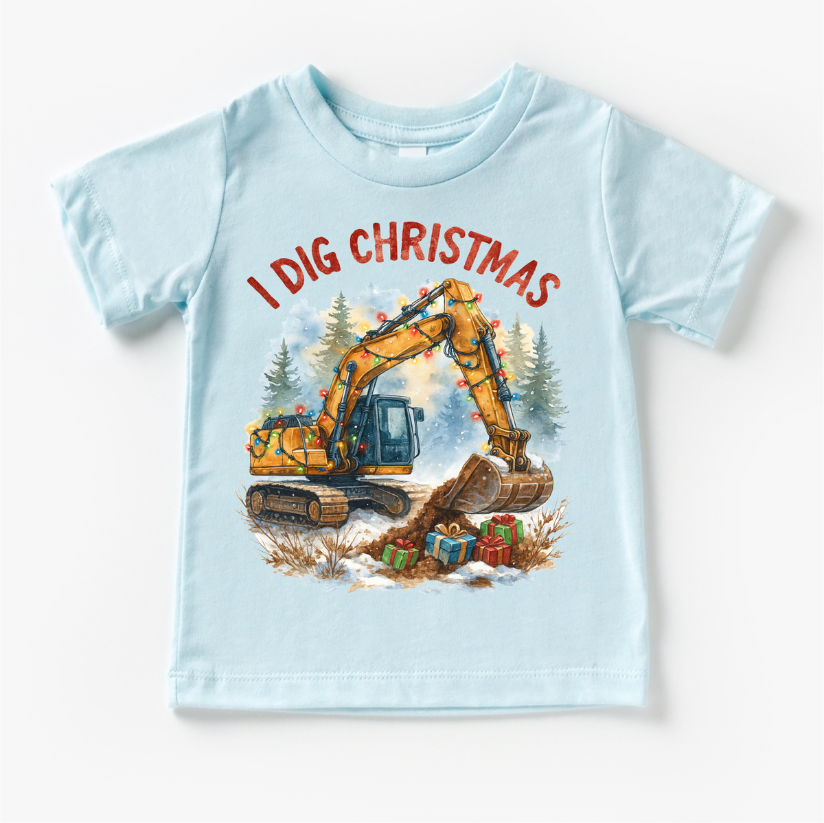 I Dig Christmas Excavator Christmas design on a blue garment.