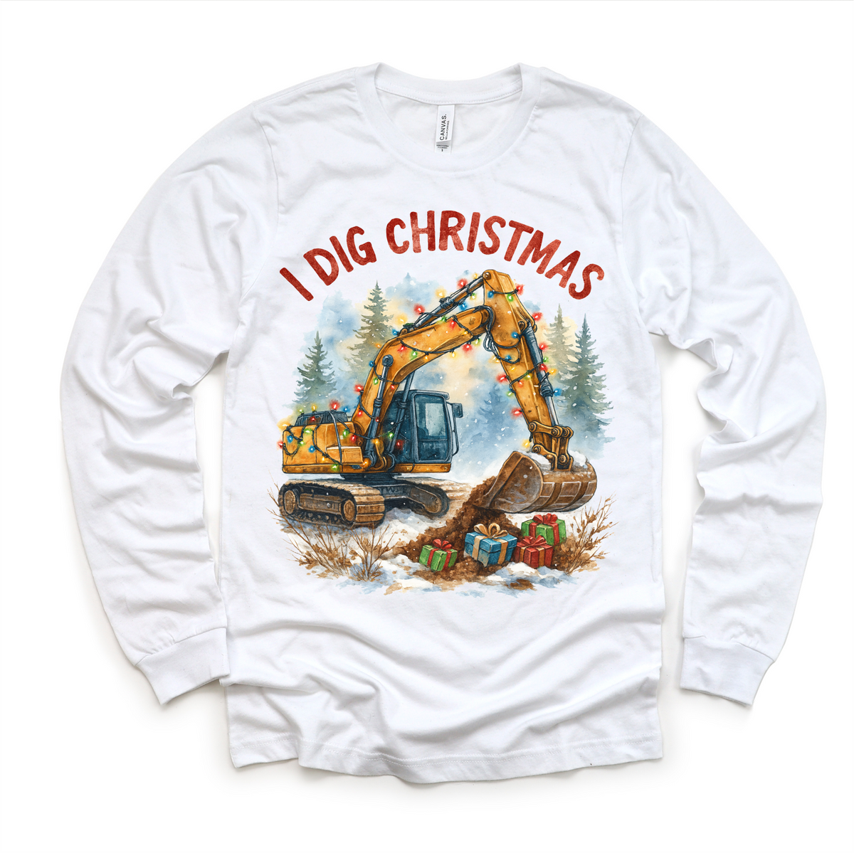 I Dig Christmas Excavator Christmas design on a long sleeve shirt.