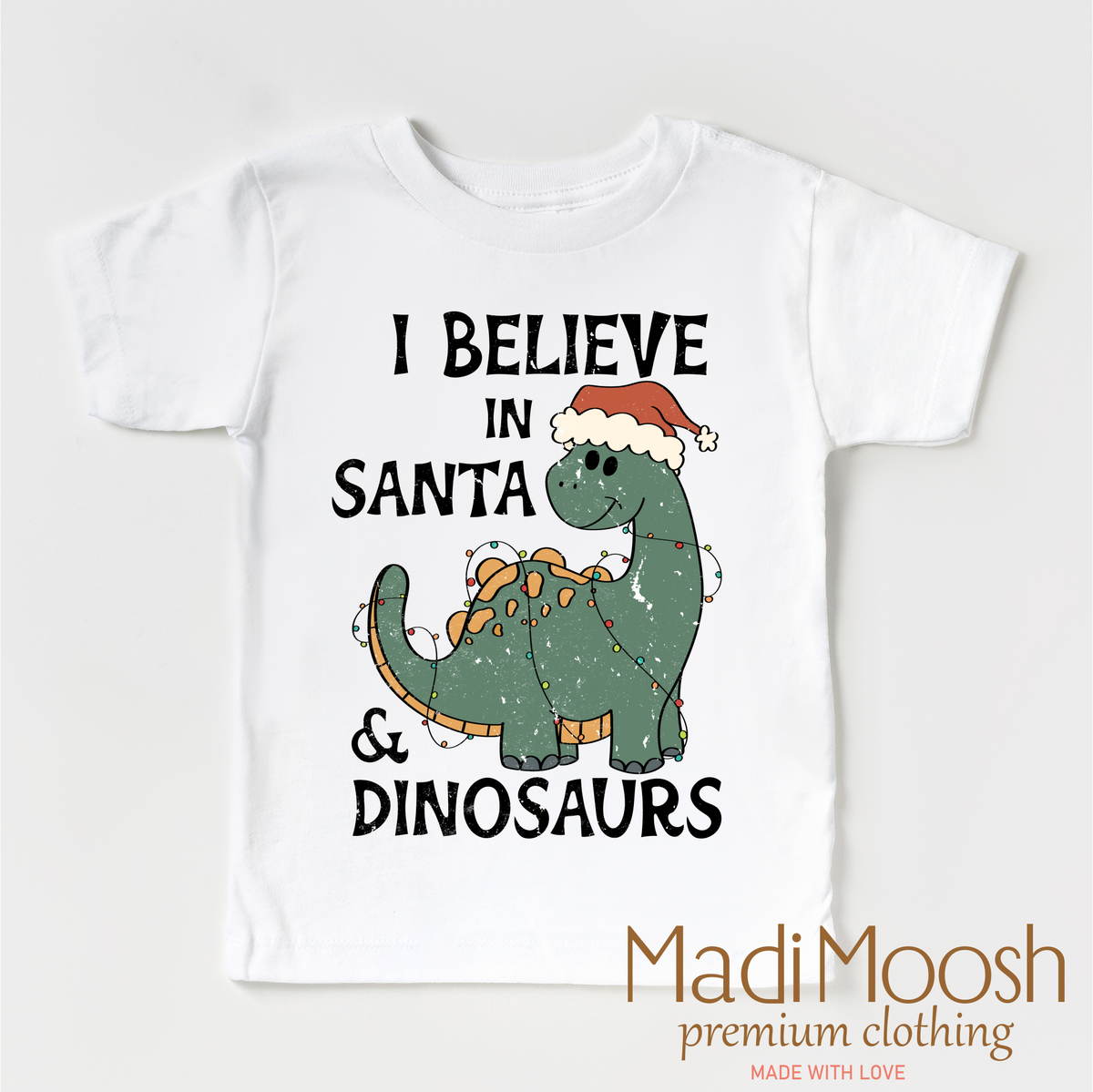 I Believe In Santa And Dinosaurs Christmas design on a white garment.