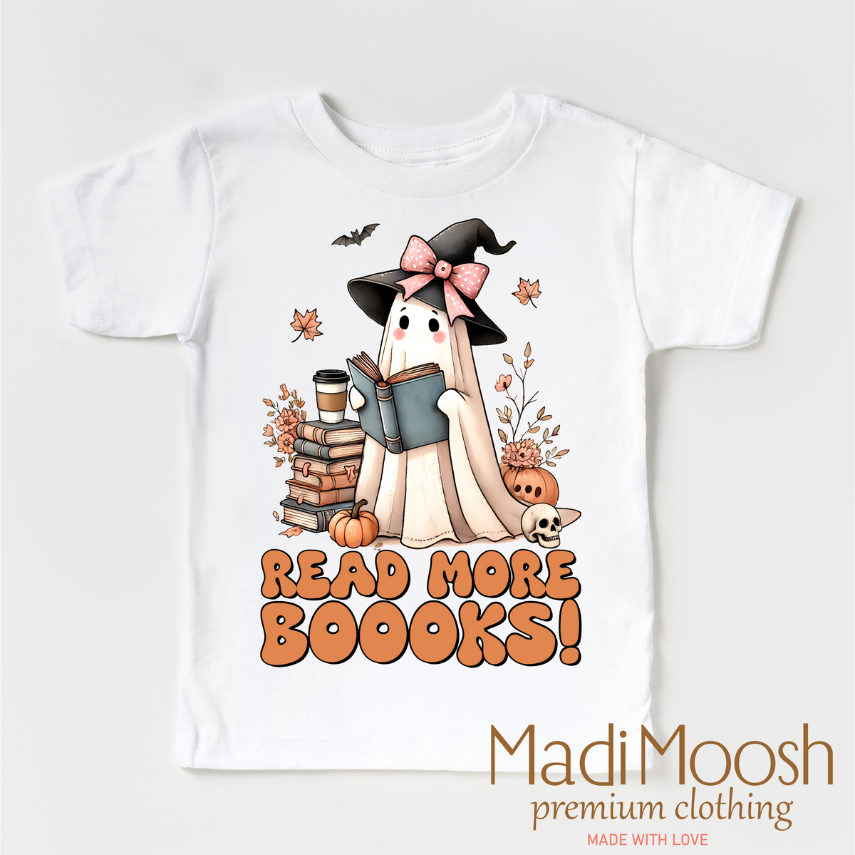 Read More Boooks design on a white garment.