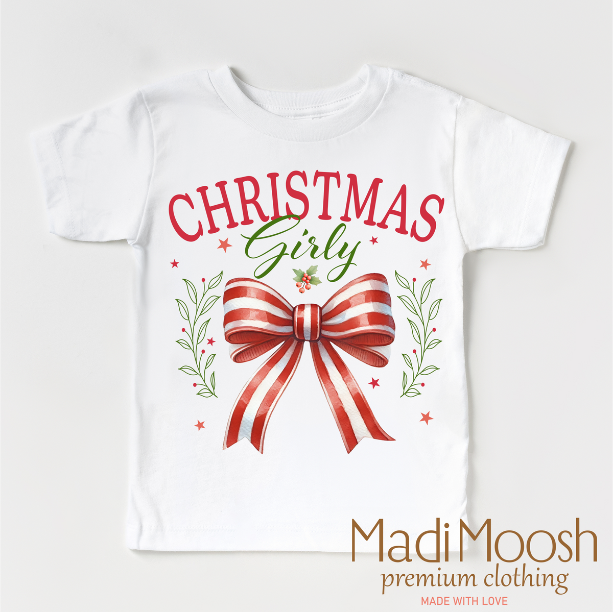 Christmas Girly Bow design on a white garment.