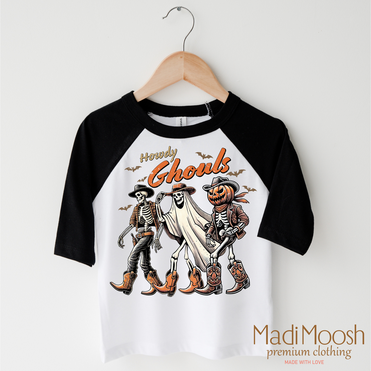 Howdy Ghouls Western design on a black-accented shirt.
