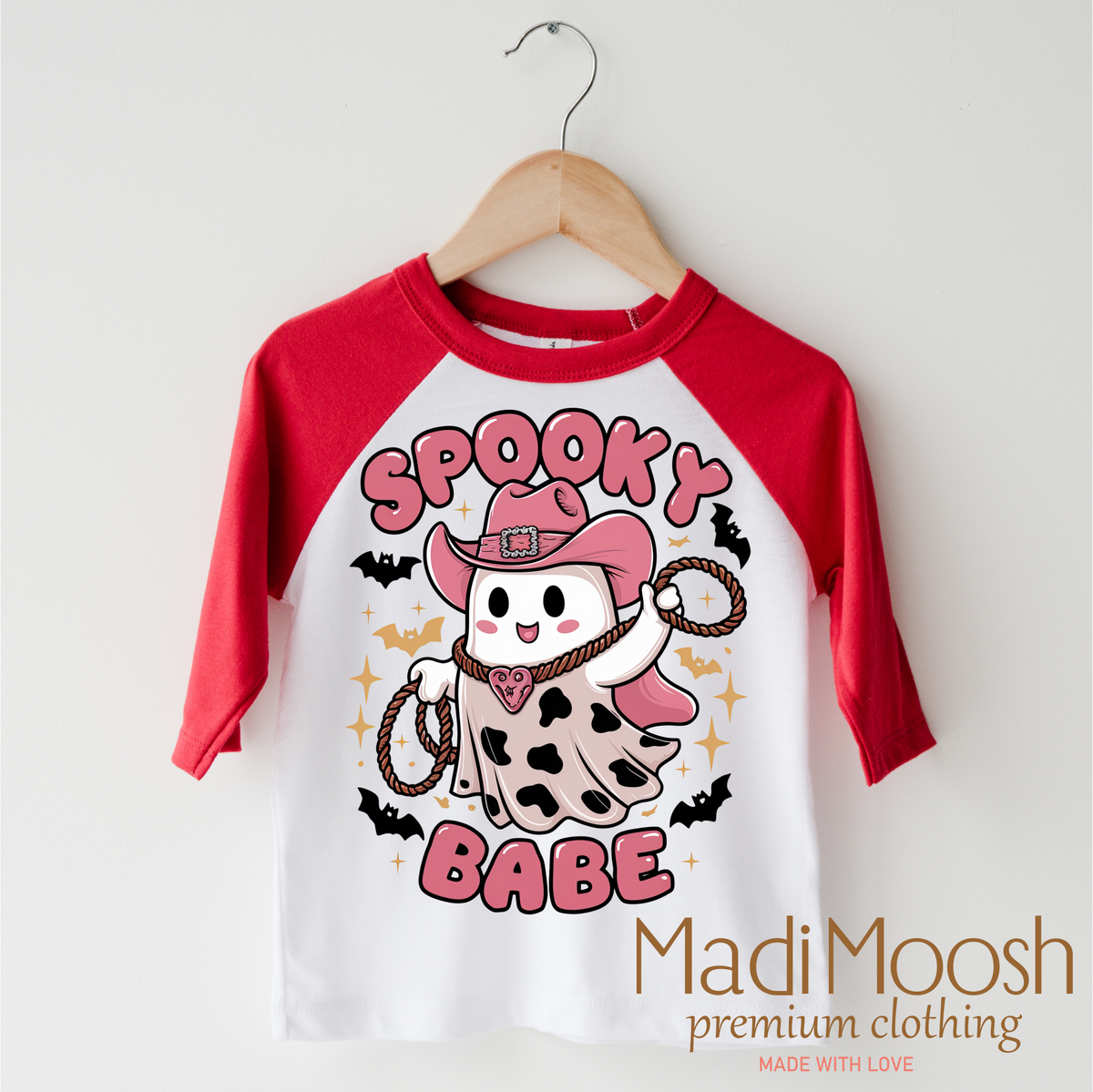 Spooky Babe design on a red-accented shirt.
