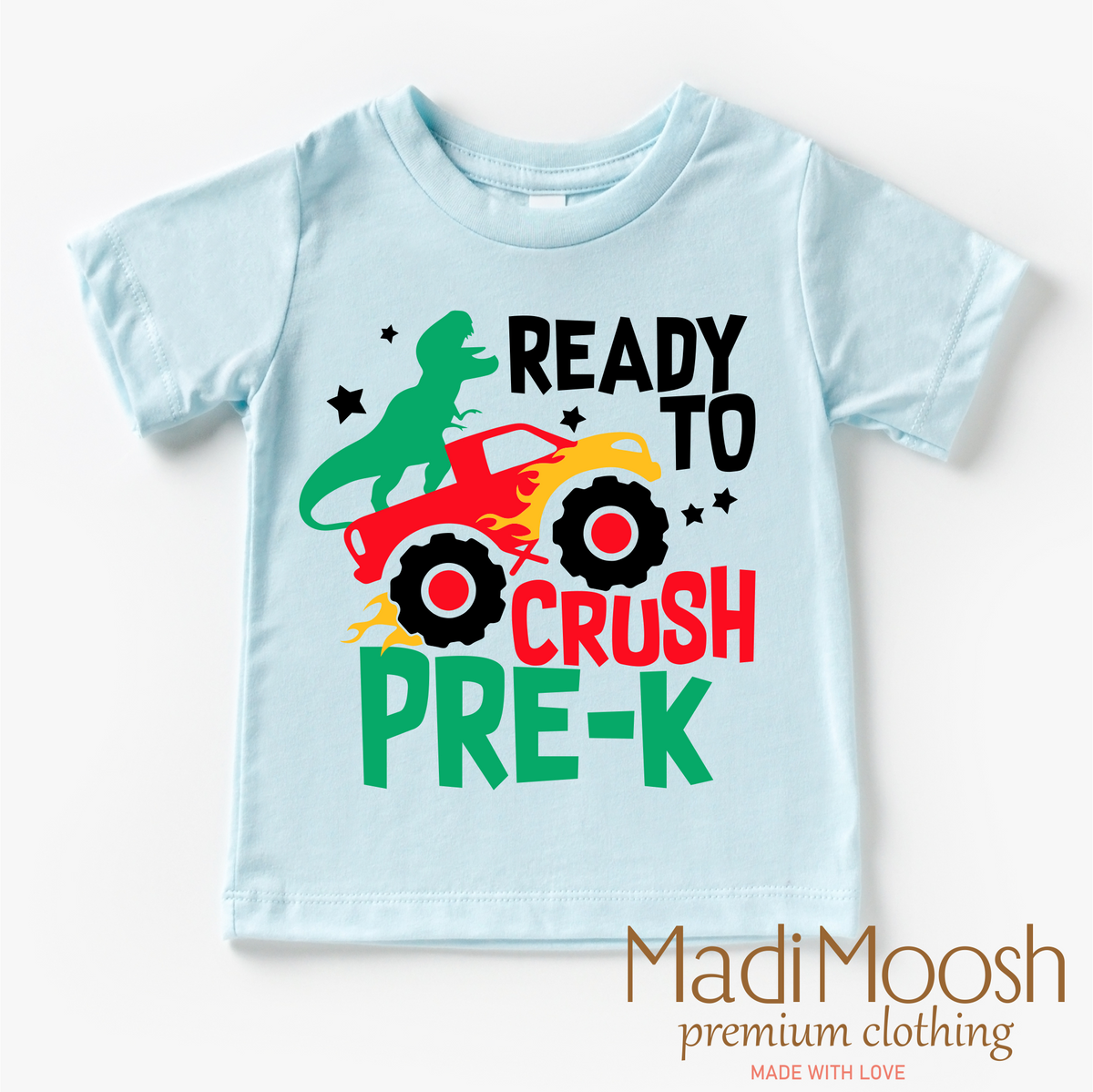 I'm Ready To Crush Pre-K Dinosaur Monster Truck design on a blue garment.