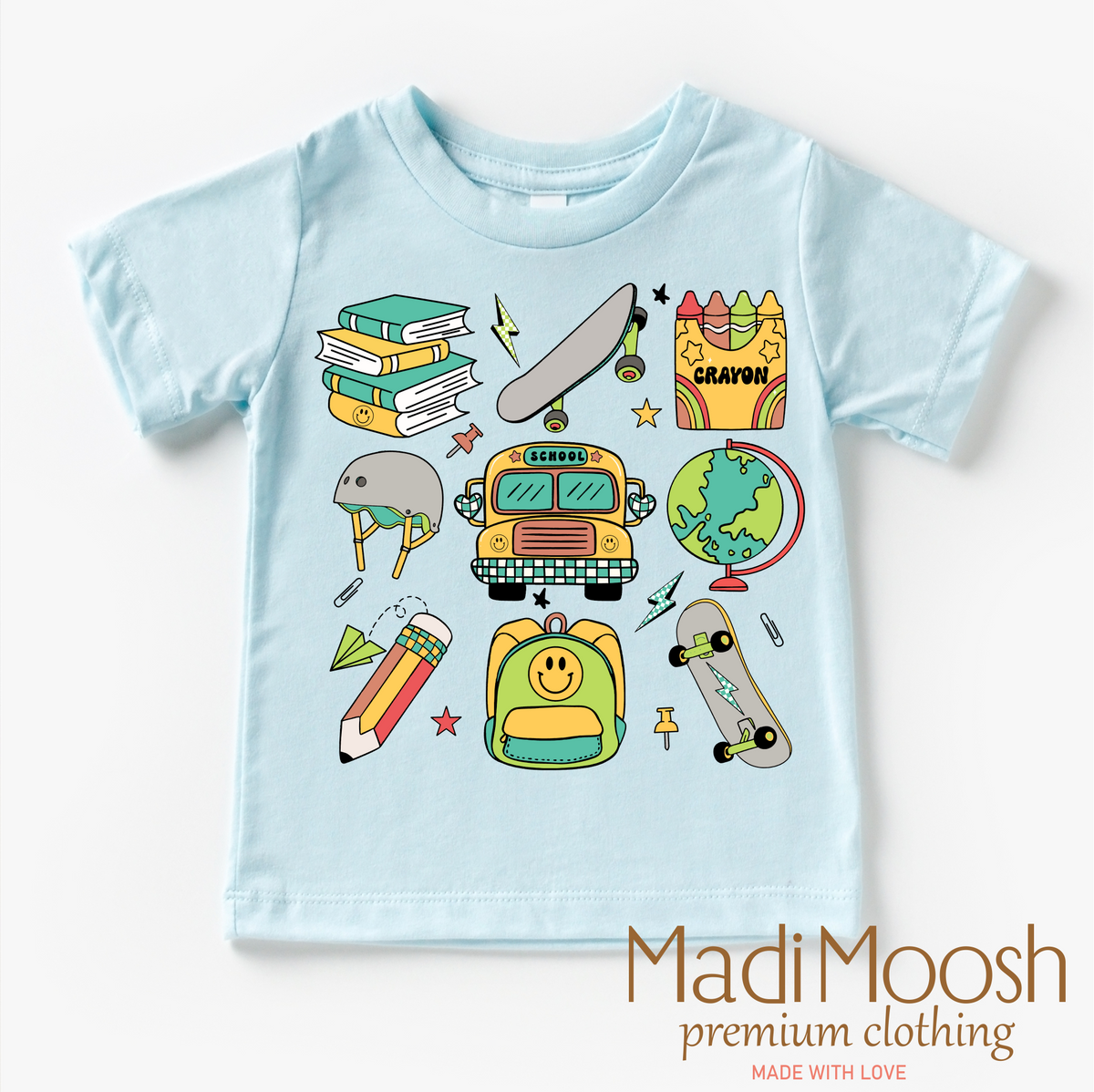 Boys Cute School design on a blue garment.