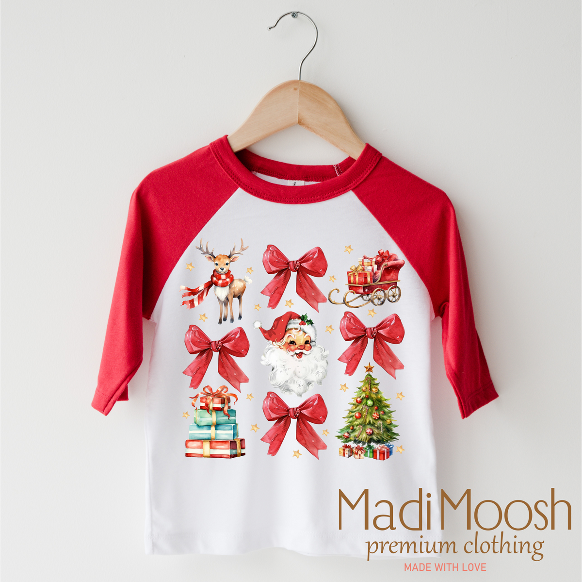 Santa Bows and Christmas design on a red-accented shirt.