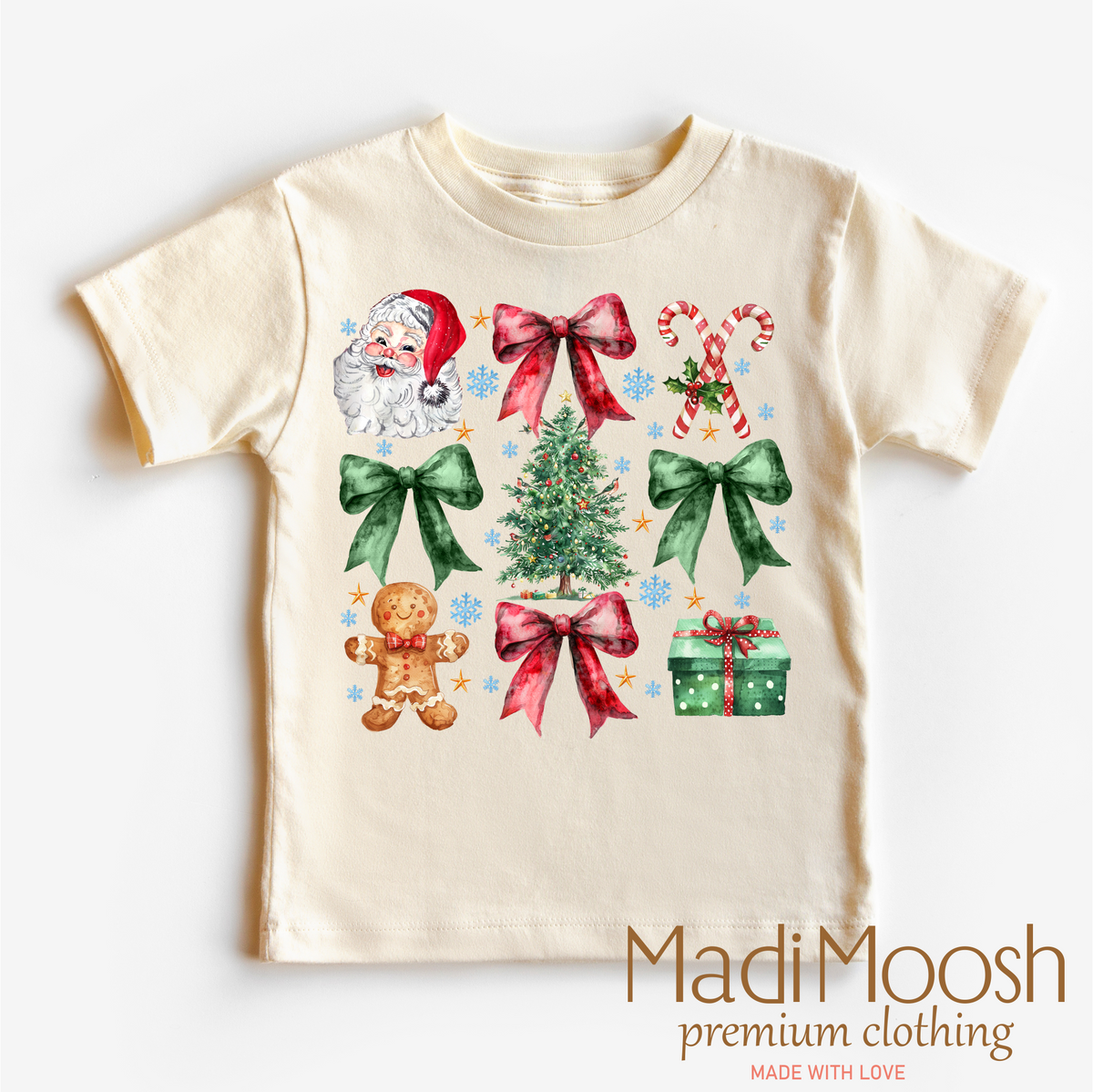 Christmas Bows And Santa Shirt product design and garment details.