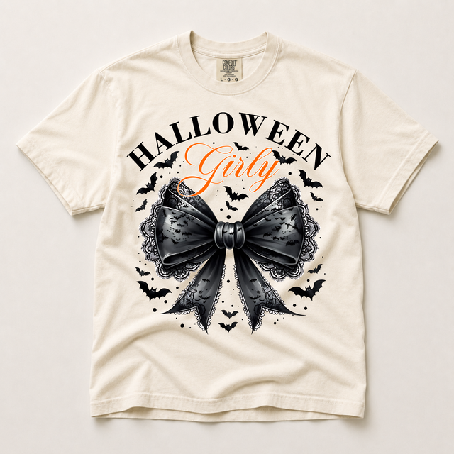 Halloween Girly black lace bow shirt in ivory