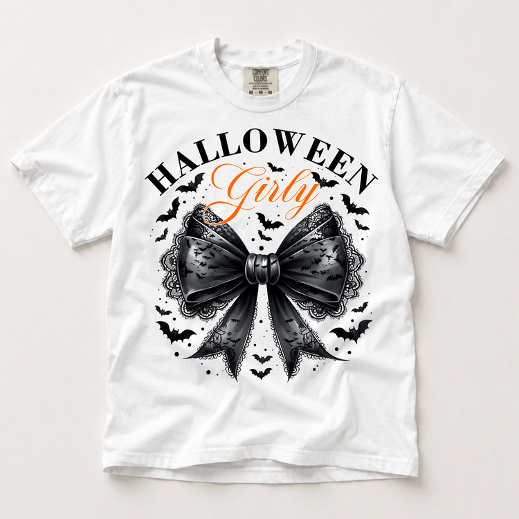 Halloween Girly black lace bow shirt in white