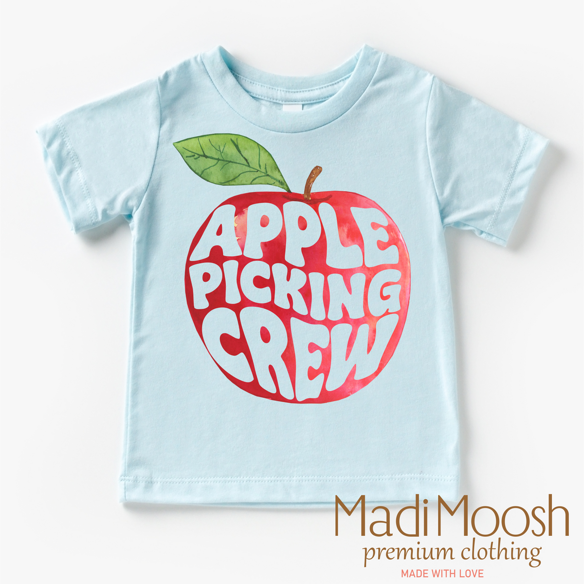 Apple Picking Crew design on a blue garment.