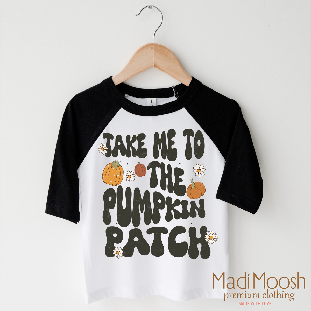 Take Me To The Pumpkin Patch design on a black-accented shirt.