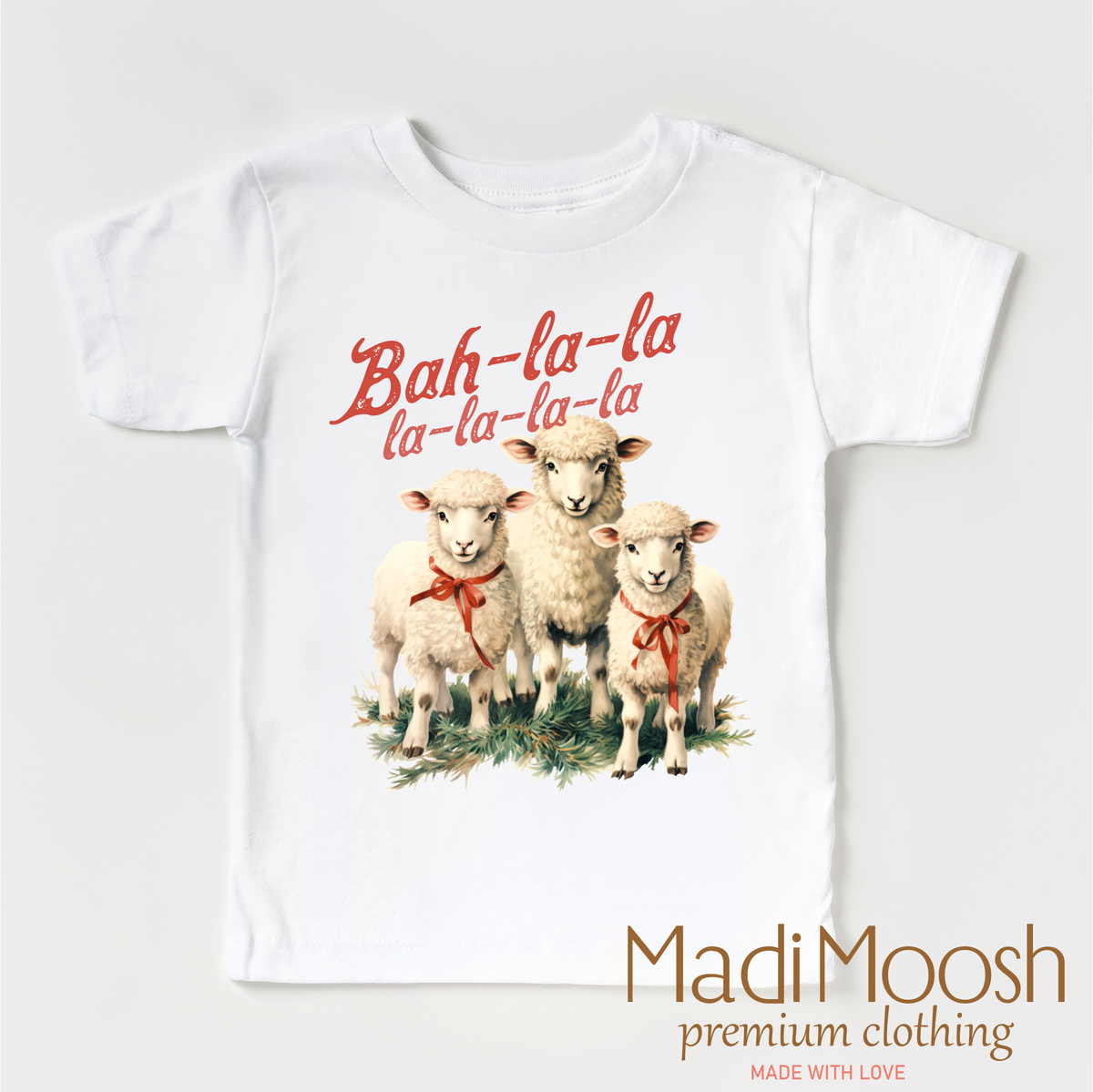 Bah-La-La-La Lamb Christmas design on a white garment.