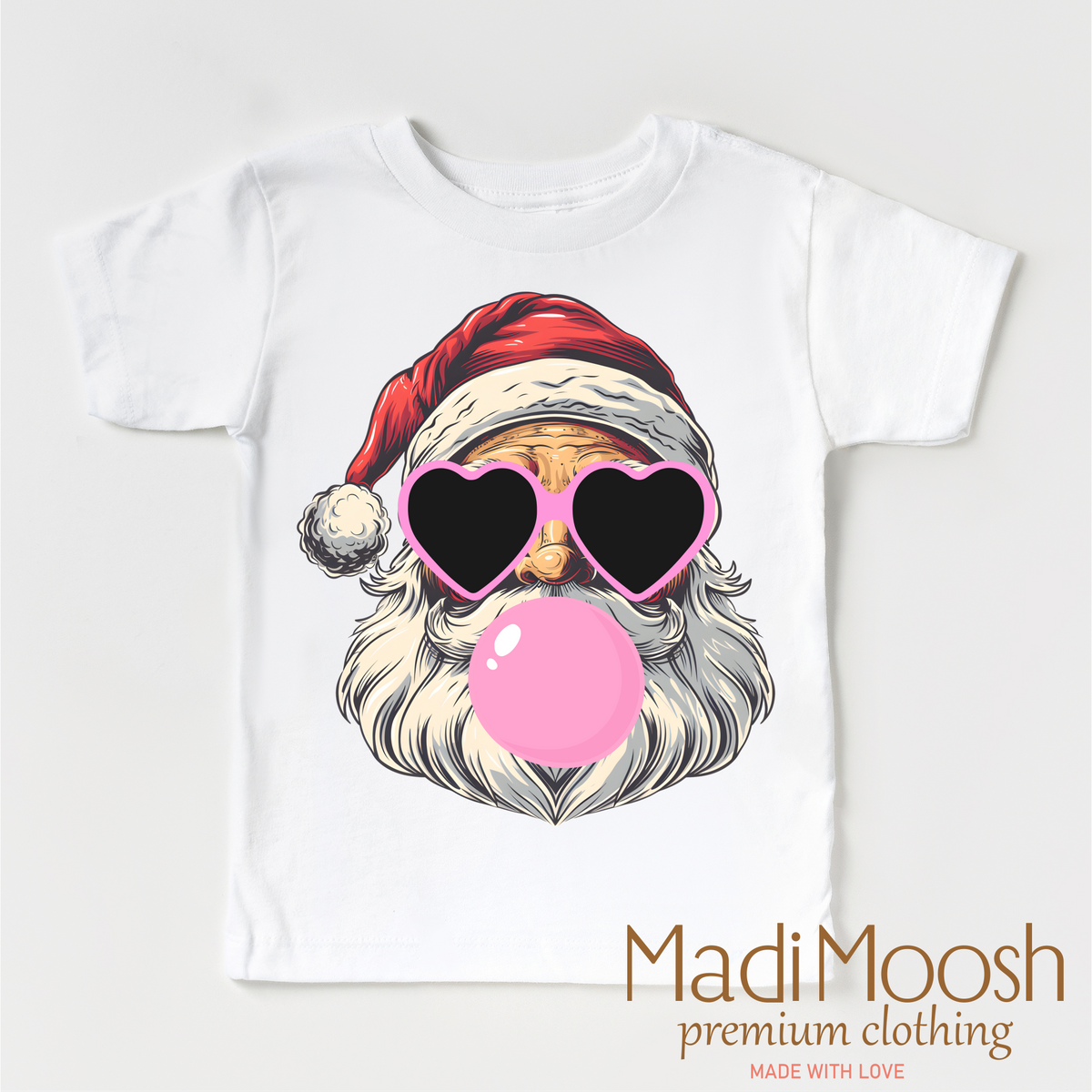 Santa Claus Blowing Bubbles Christmas design on a white garment.