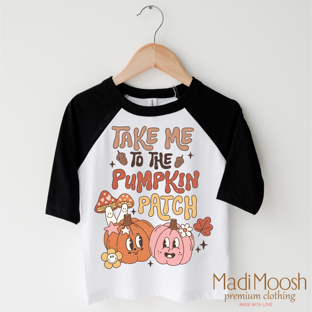Take Me To The Pumpkin Patch design on a black-accented shirt.