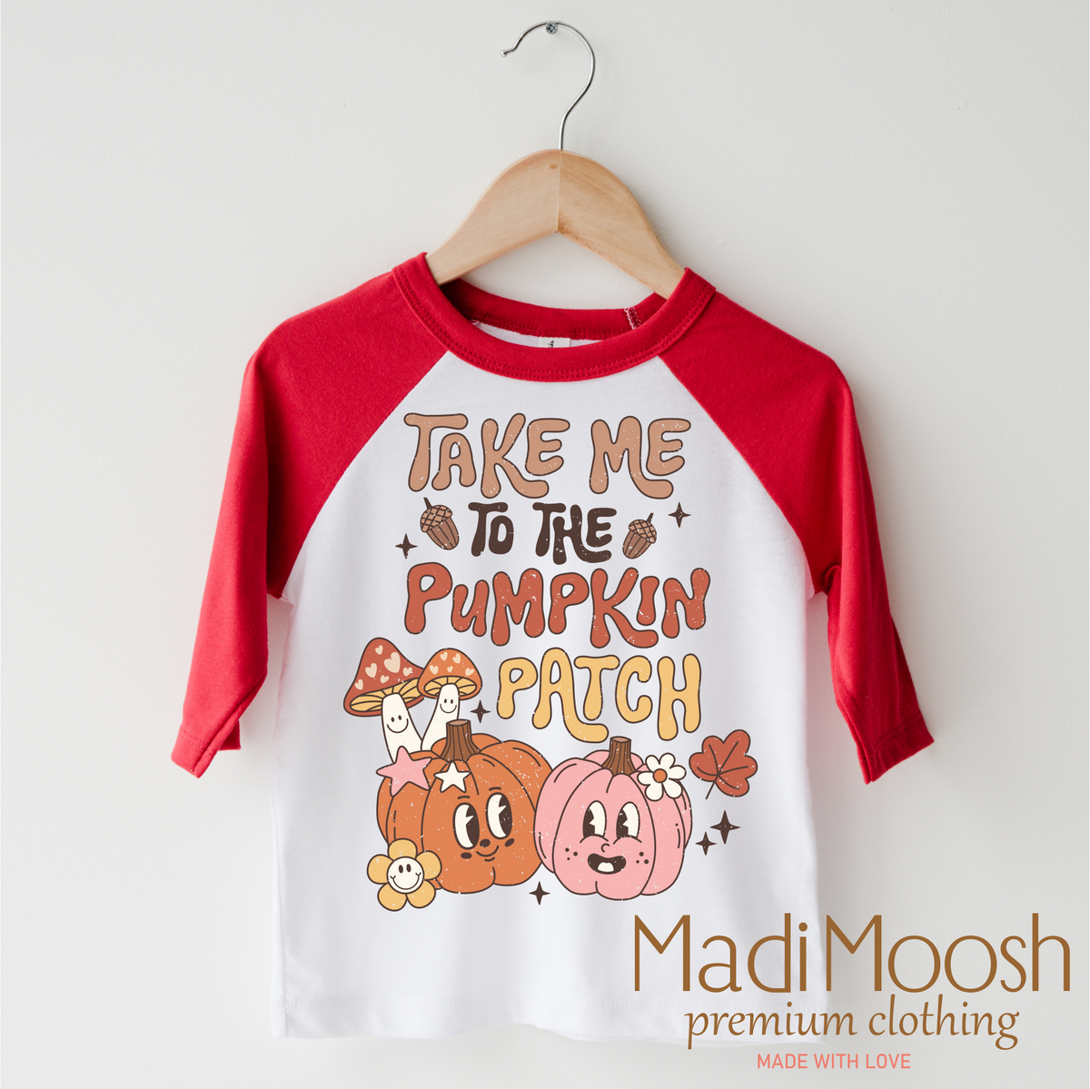 Take Me To The Pumpkin Patch design on a red-accented shirt.
