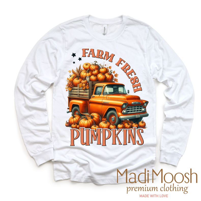Farm Fresh Pumpkins Retro Fall Tee - Long Sleeve White Shirt