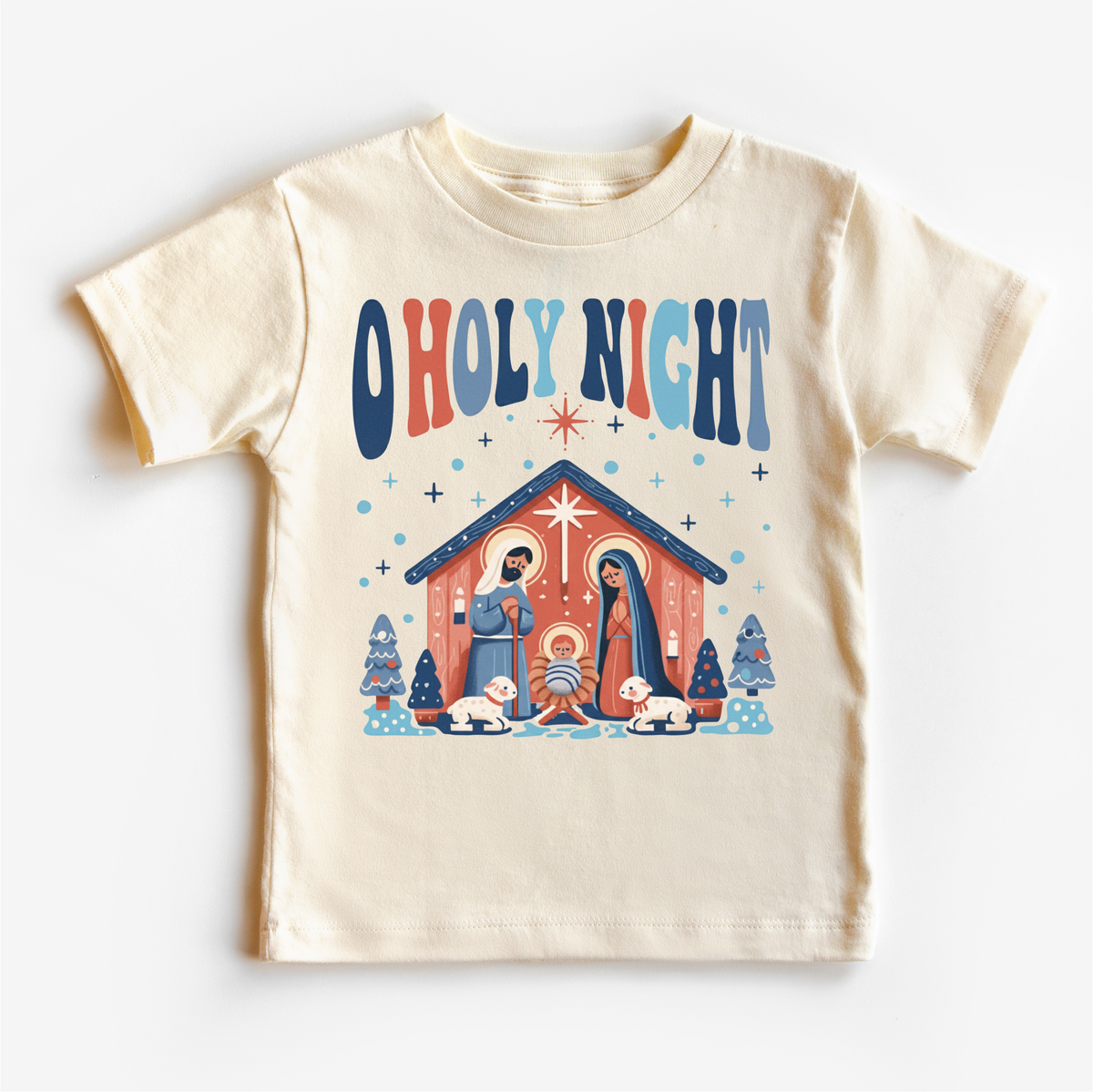 O Holy Night Christmas design on a natural garment.