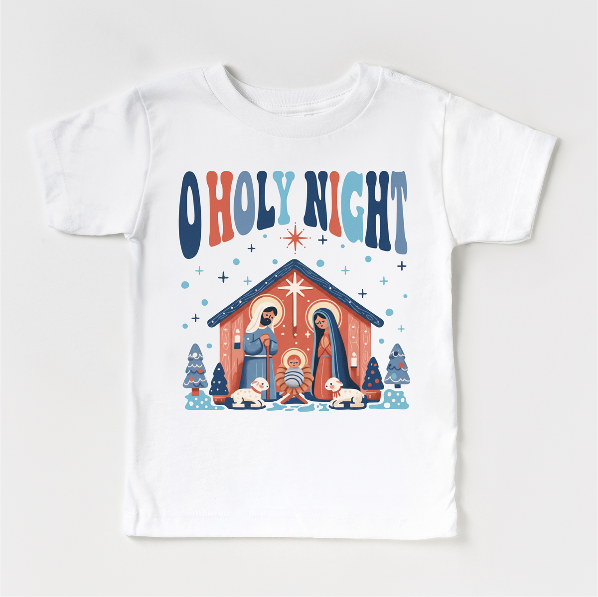 O Holy Night Christmas design on a white garment.