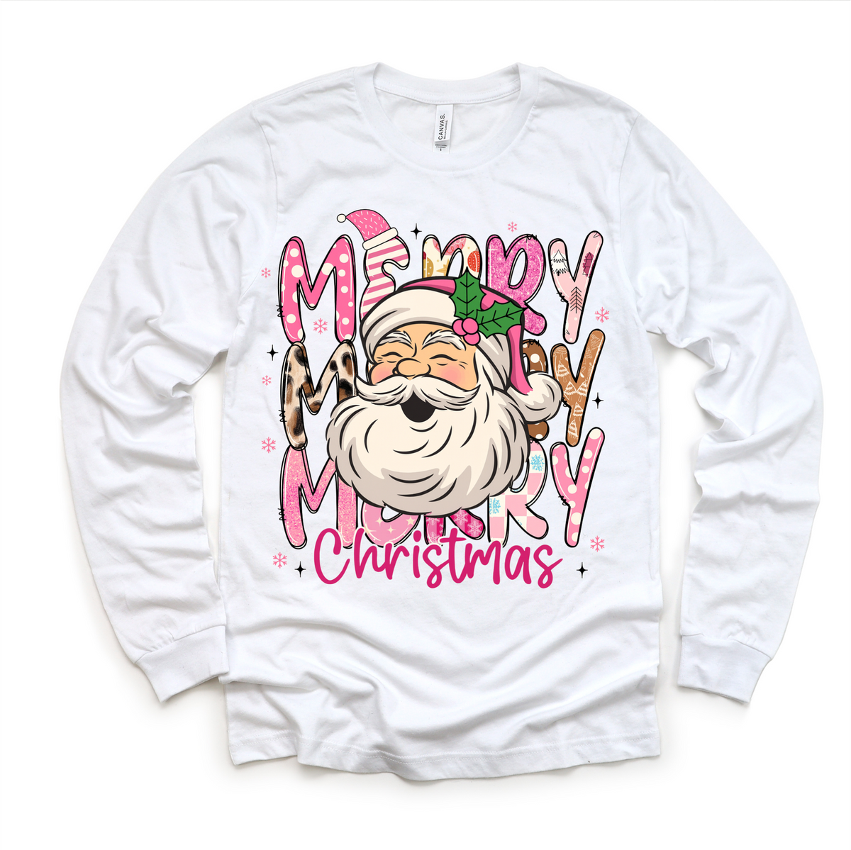 Girls Merry Merry Christmas Santa design on a long sleeve shirt.