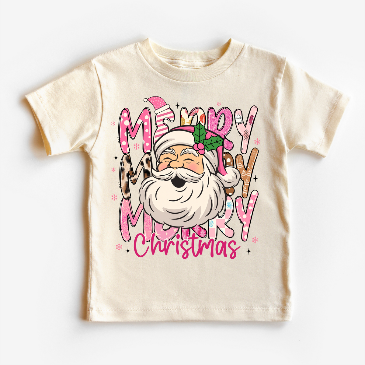 Girls Merry Merry Christmas Santa design on a natural garment.