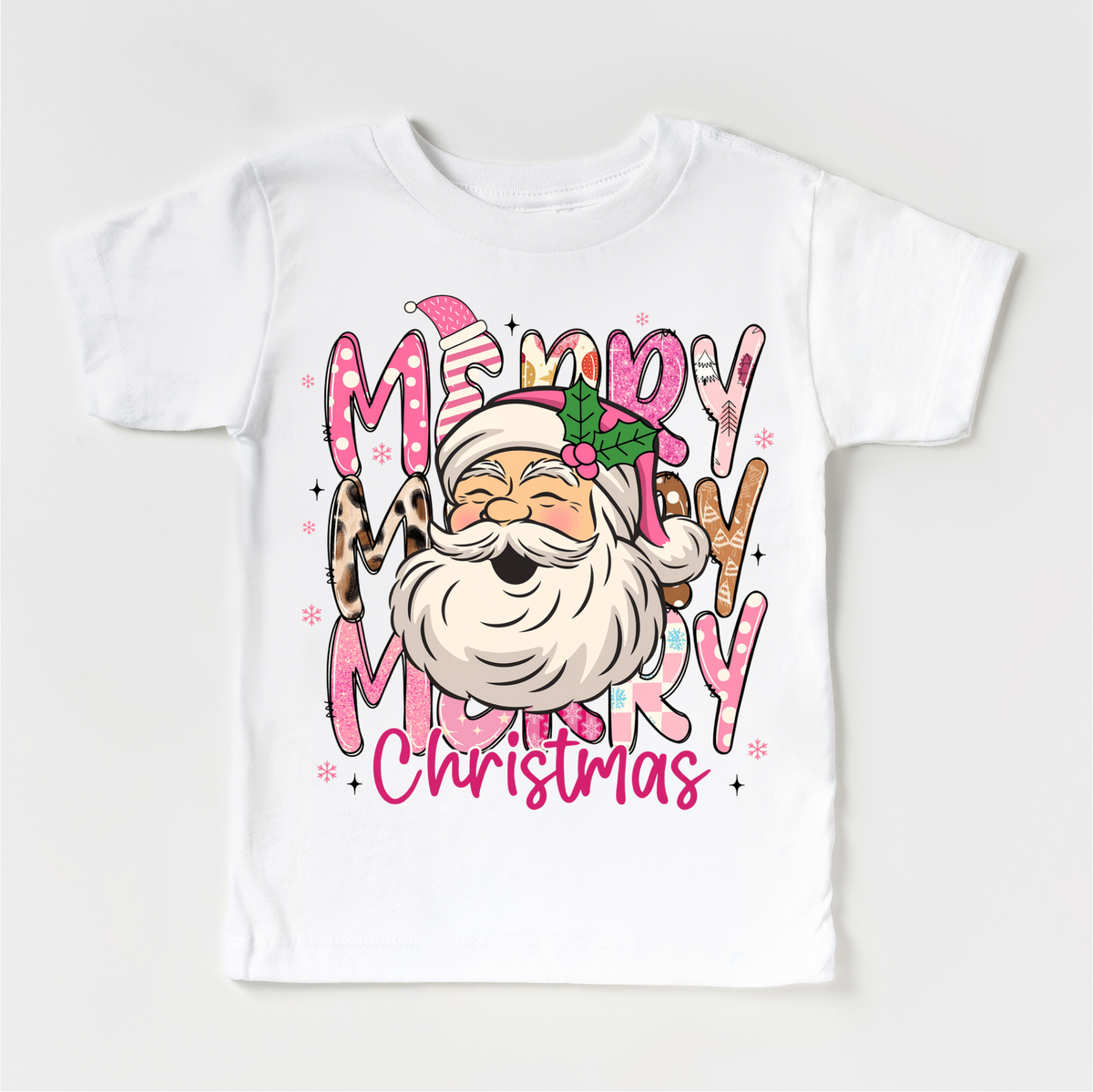 Girls Merry Merry Christmas Santa design on a white garment.