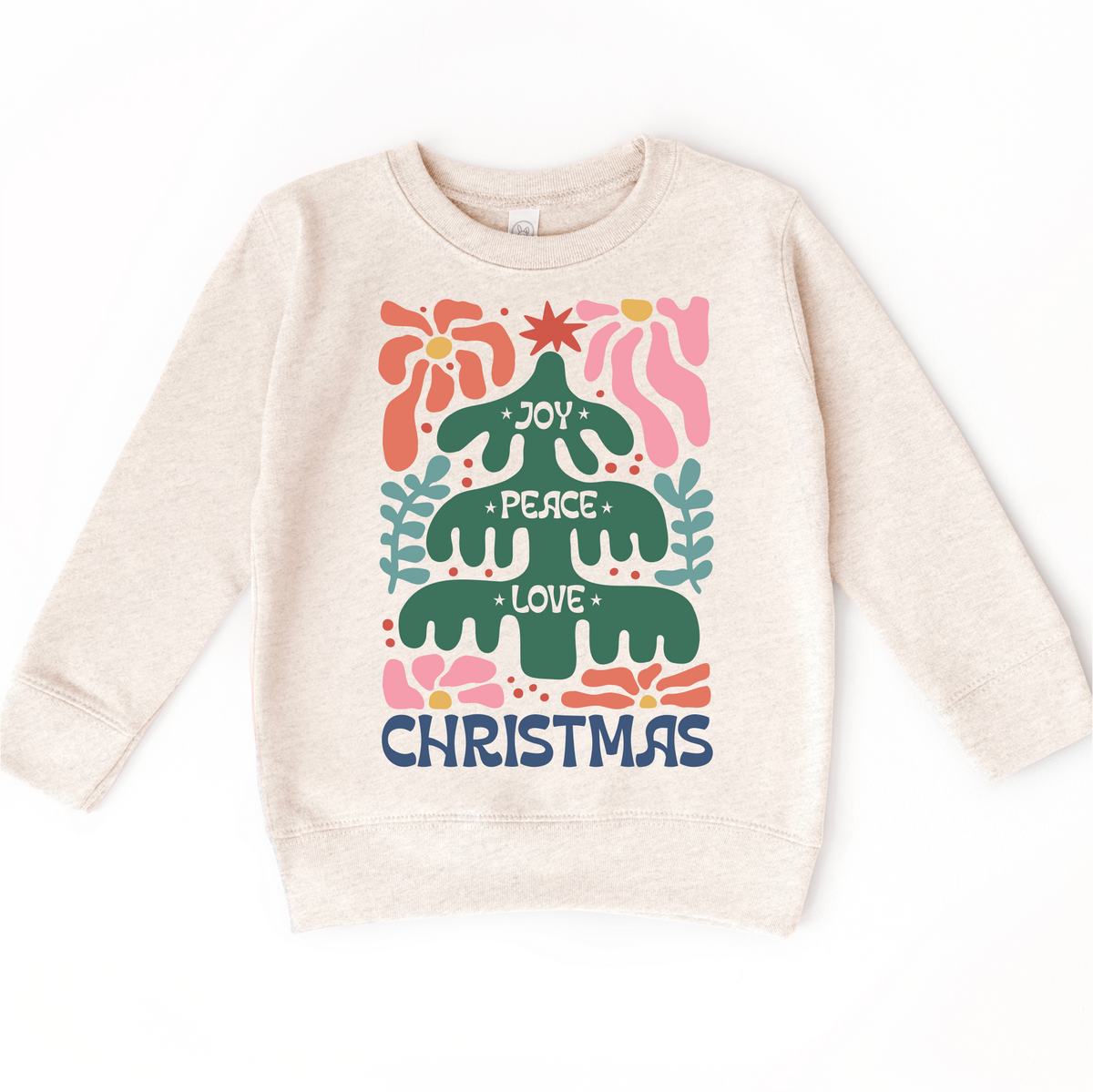 Boho Love Peace Joy Christmas design on a natural sweatshirt.