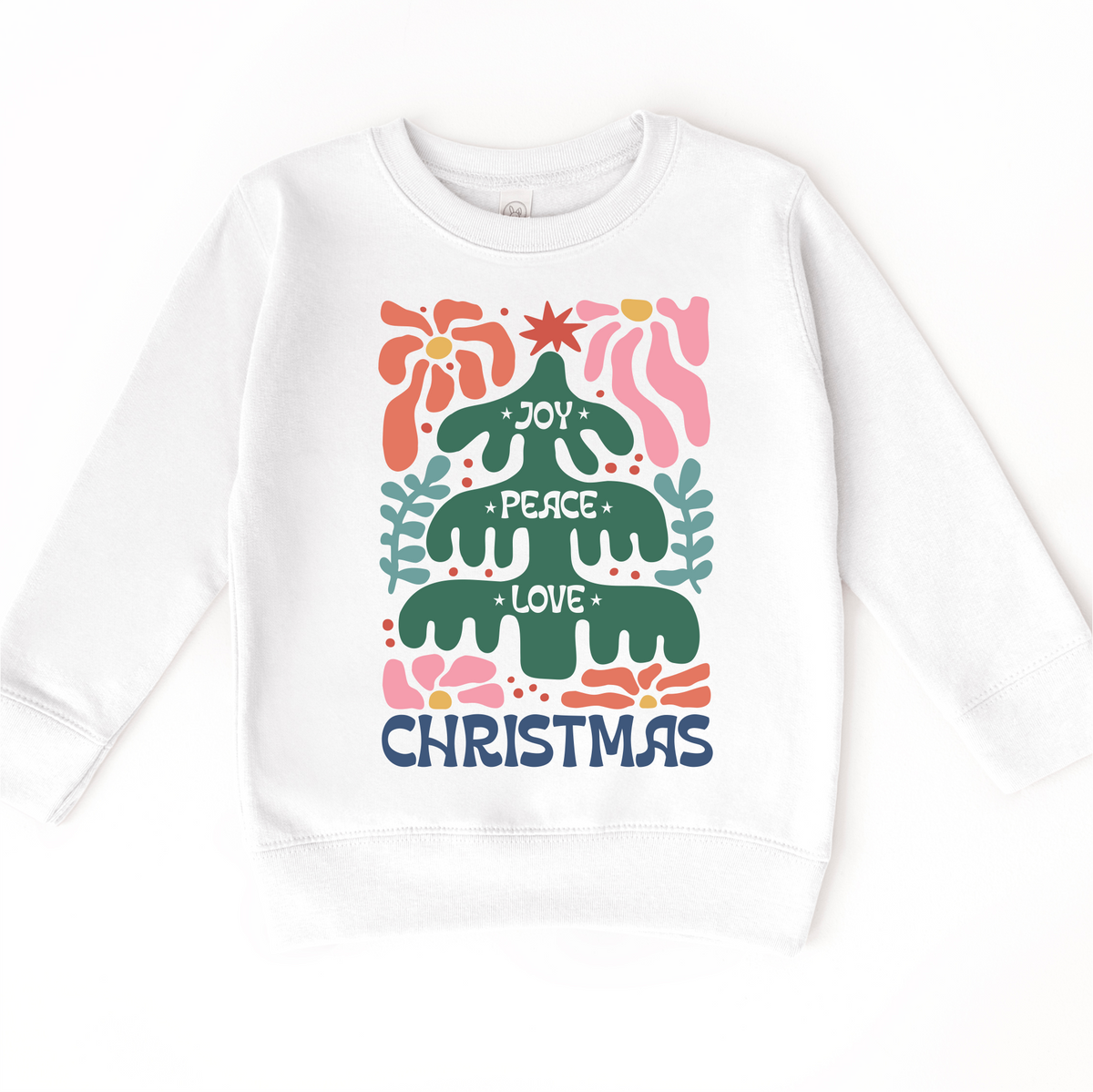 Boho Love Peace Joy Christmas design on a white sweatshirt.