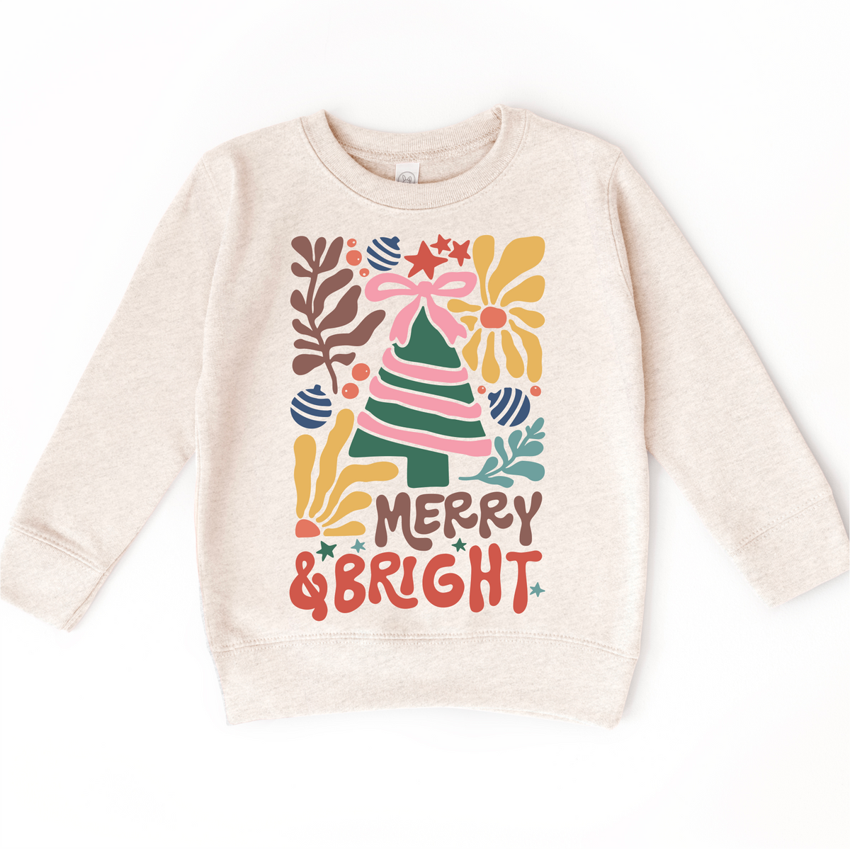 Boho Merry And Bright Christmas design on a natural sweatshirt.