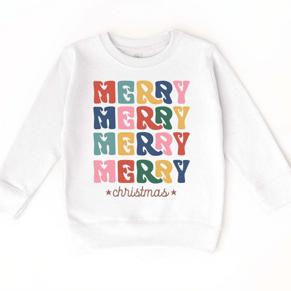 Boho Merry Merry Merry Christmas design on a white sweatshirt.