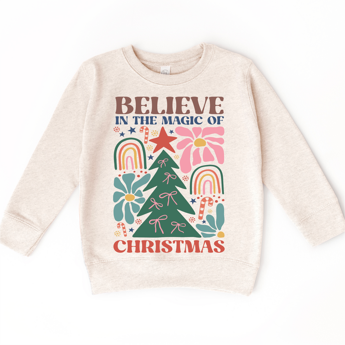 Boho Believe In The Magic Of Christmas design on a natural sweatshirt.