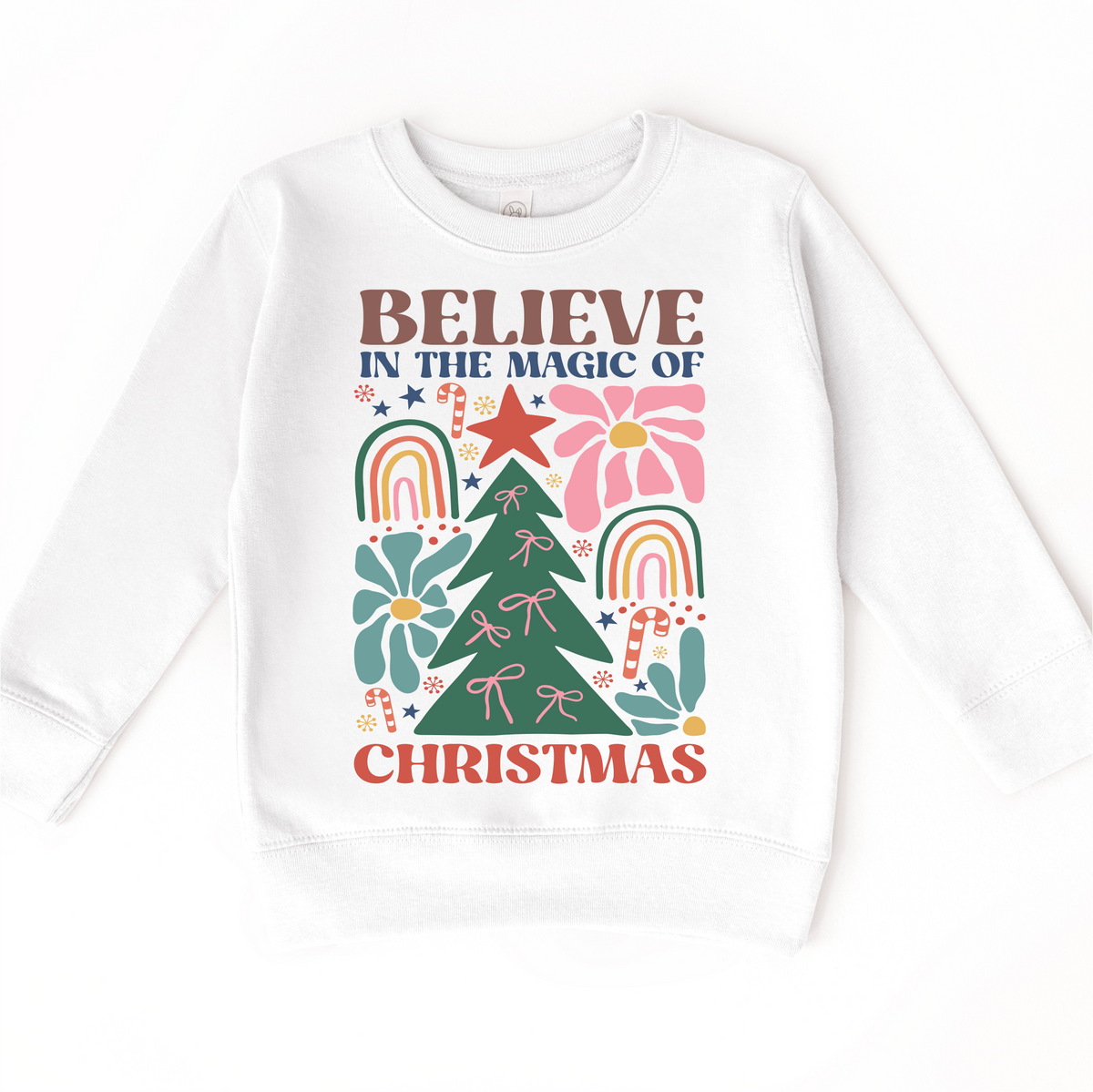 Boho Believe In The Magic Of Christmas design on a white sweatshirt.