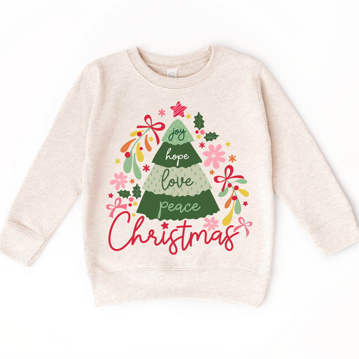 Boho Joy Hope Love Peace Christmas design on a natural sweatshirt.