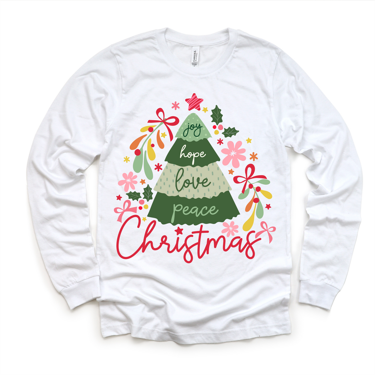 Boho Joy Hope Love Peace Christmas, Long Sleeve Tees & Sweatshirts graphic T-shirt by Madi Moosh