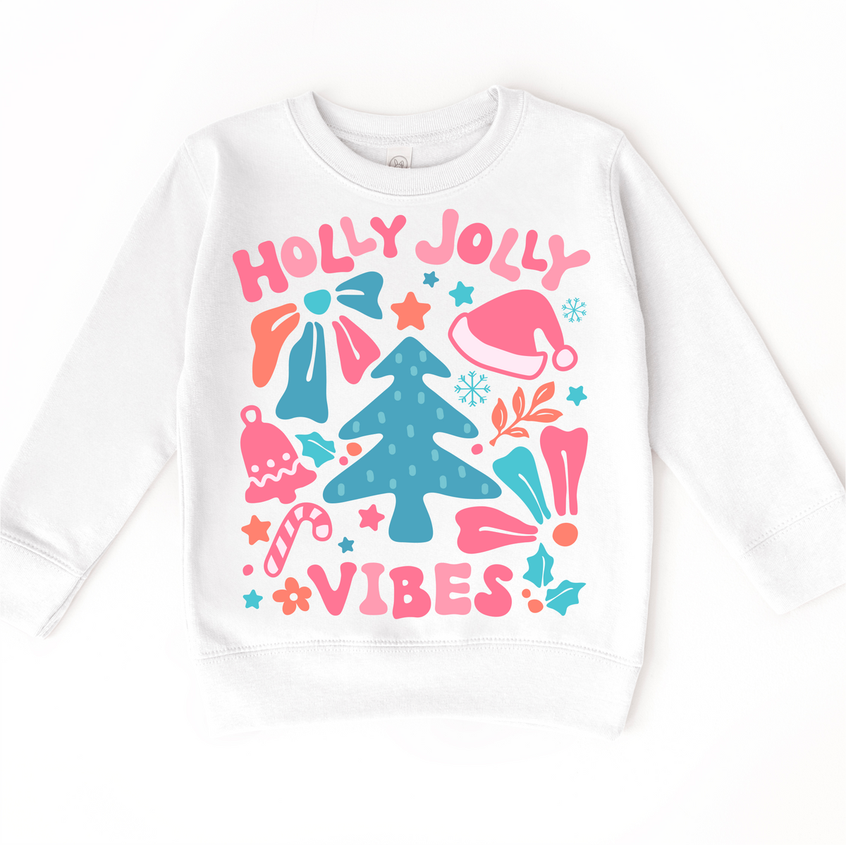 Boho Holly Jolly Vibes Christmas design on a white sweatshirt.